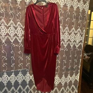 Red Velvet Plunge Gown with Bishop Sleeves